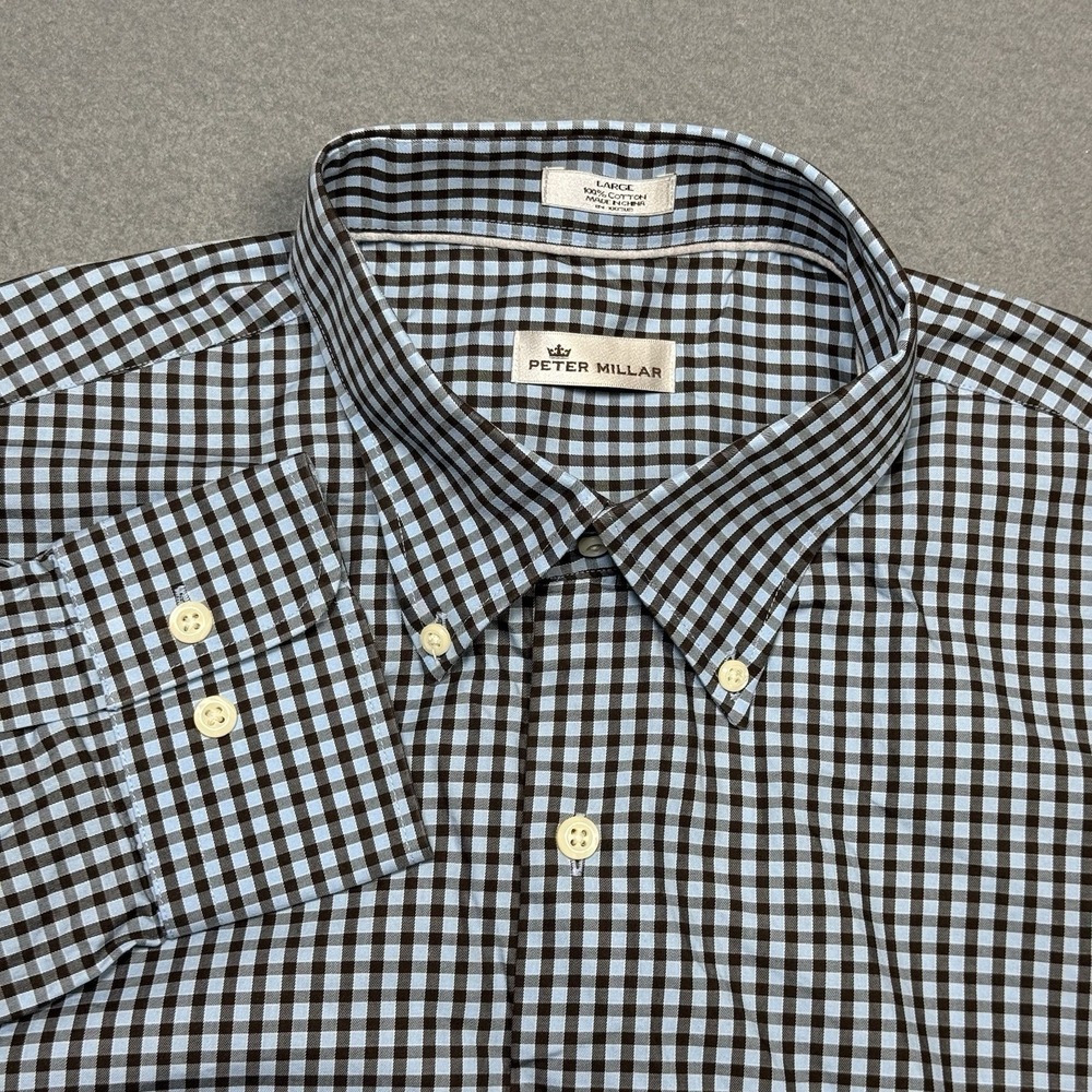 Peter Millar Gingham Button Down Shirt Brown Blue Mens Large Poplin Crown